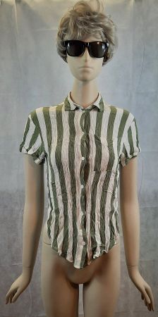 BERSHKA Damen Gestreifte Crinkle Bluse Grün Gr. XS