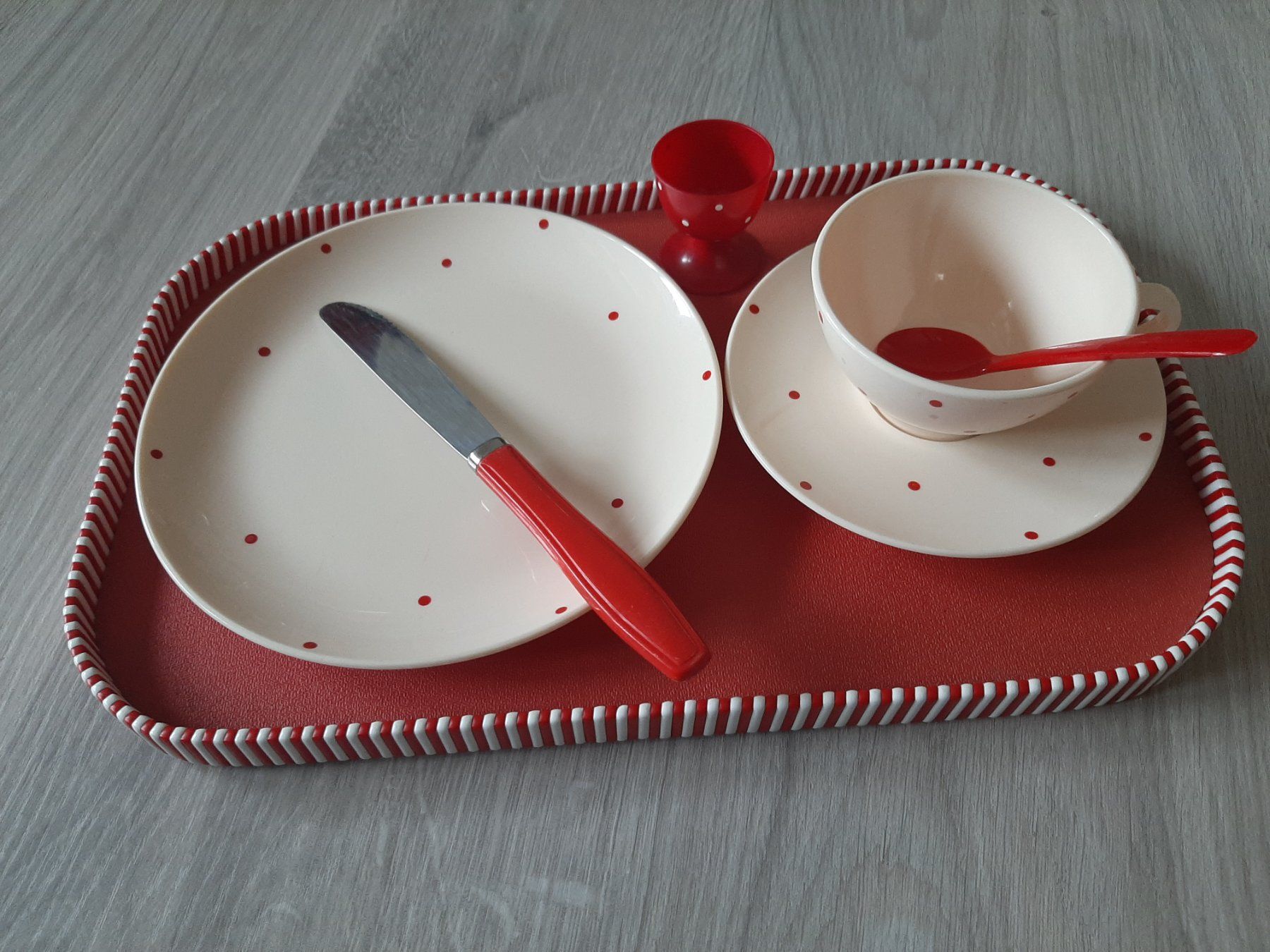 Set di piatti: 50er 60er Mid Century Tablett Gedeck Oldtimer Camping Set – Usato da Erschwil venduto da Karabella 2