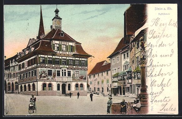 Cartoline postali: Stein a. Rh., Passanten vor dem Rathaus – Usato da Berlin venduto da bartko-reher