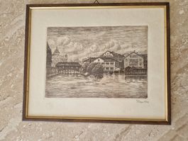 Gerahmte Original Radierung Zürich Globus Limmat 1949