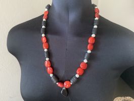 Unikat 💎 Neue rot-schwarze Halskette mit Lava und Onyx