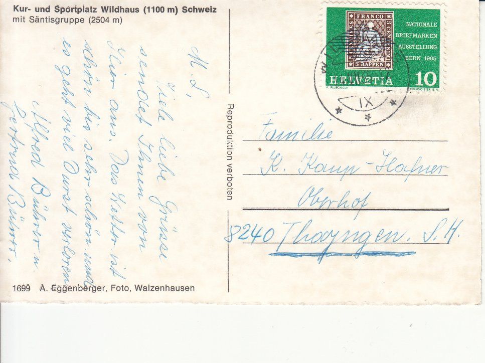 Cartoline postali: Wildhaus 1965 – Usato da Bürglen TG venduto da StampGraf 1