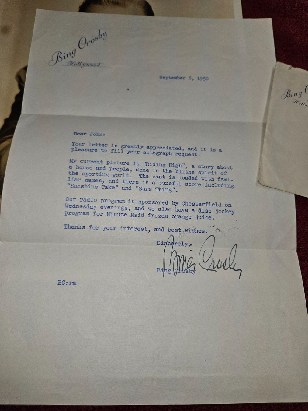 Autogramme: 2 Bing Crosby Briefe, handsigniert m. Couvert Calif. 1950 – Gebraucht aus Gunzwil von Charro03 2