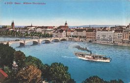 Basel (BS) Mittlere Rheinbrücke mit Dampfschiff