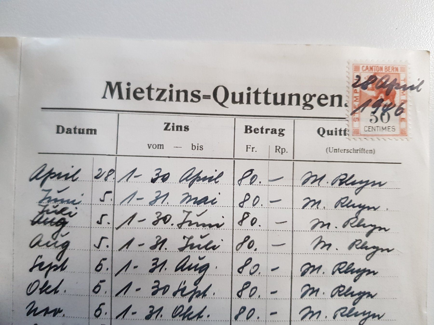 Dokumente: Mietvertrag 1946 mit Quittungen antik – Gebraucht aus Walterswil BE von Lonitti 1