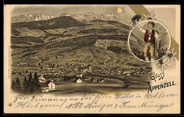 Lithographie Appenzell, Ortsansicht mit Bergen und Trachtenj