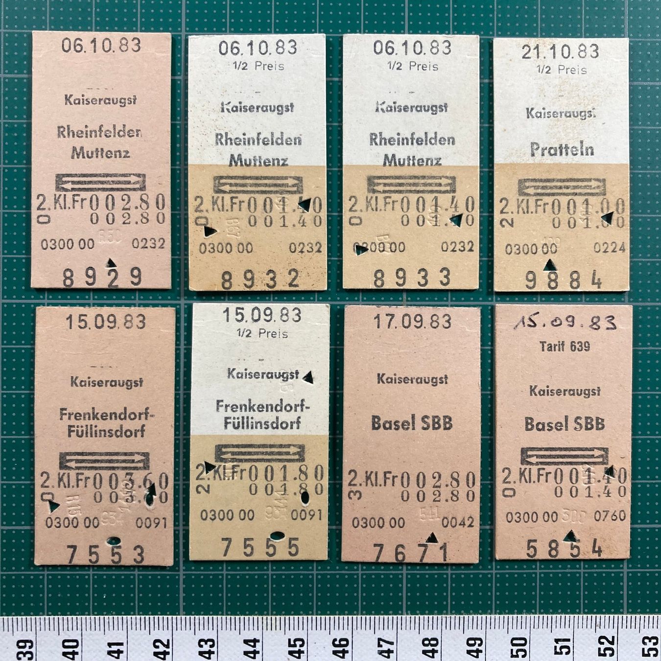 Billets: Ab Kaiseraugst, 8 alte Edmondsonsche Bahn Billette, SBB – D'occasion à Lenzburg par fh1