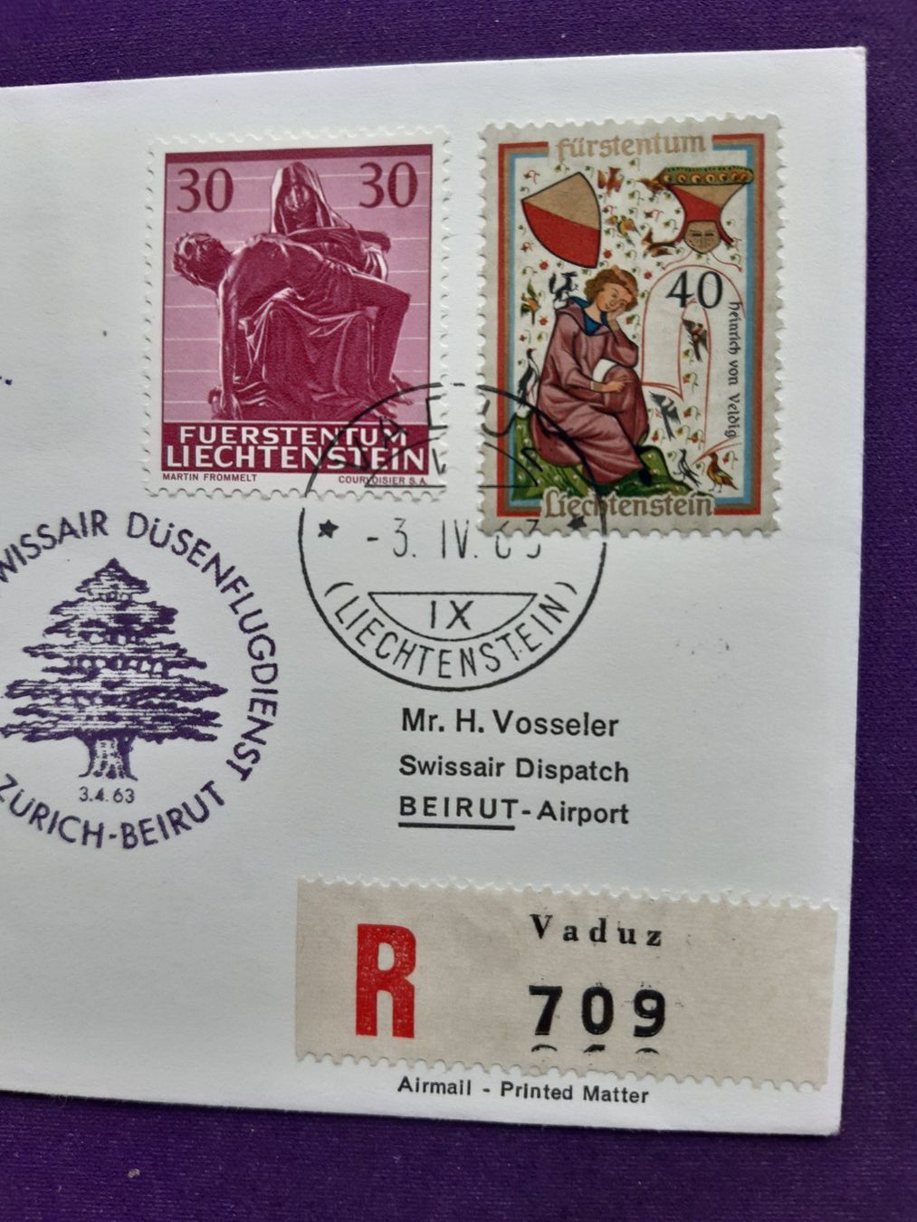 Alle Briefmarken: Flugbrief VADUZ-ZH-BEIRUT 3.IV.1963 !!!, eingeschrieben. – Neu (gemäss Beschreibung) aus Wangs von weisstannen01 1
