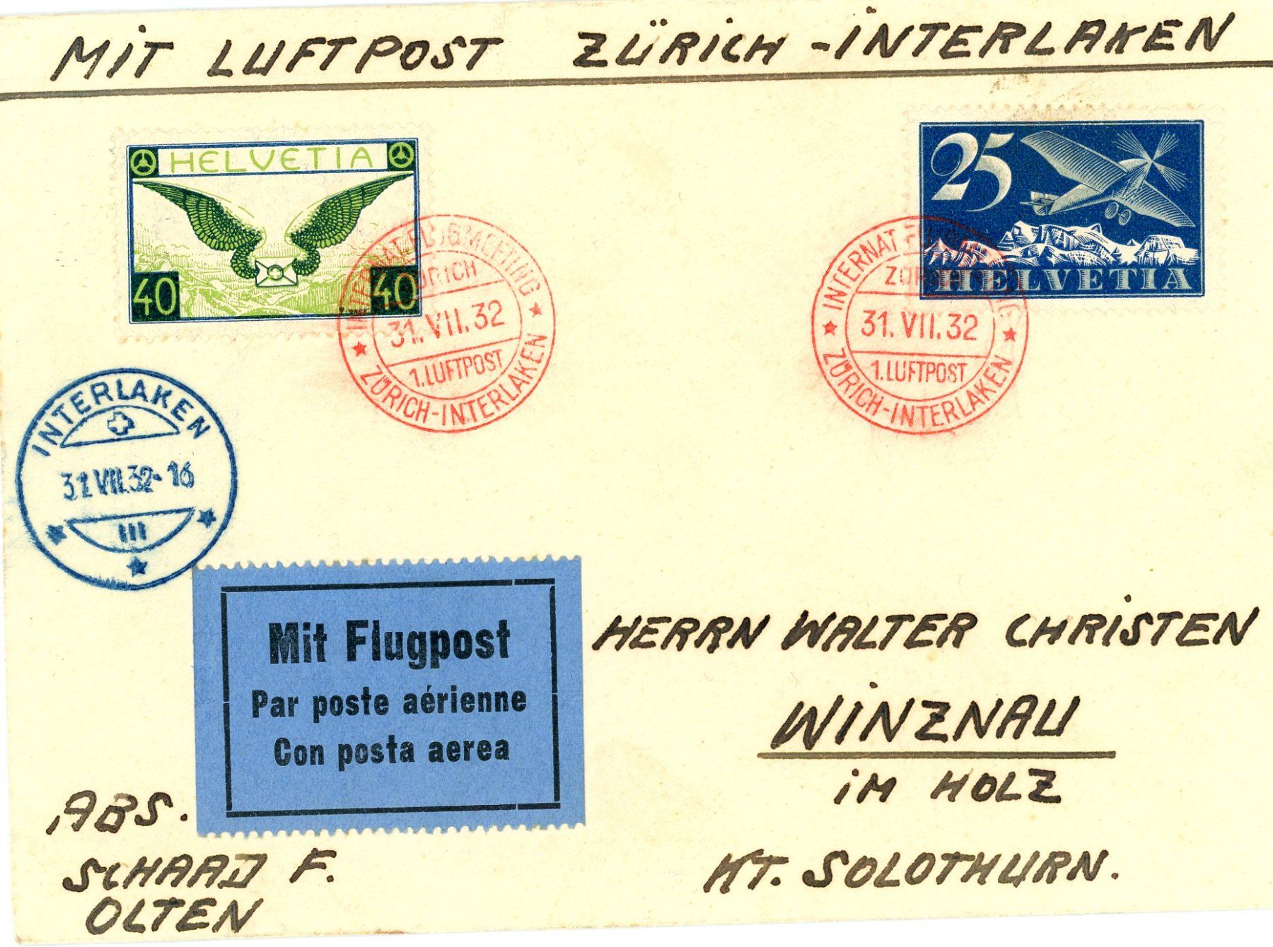 Tutti i francobolli: Flugpost Zürich - Interlaken – Usato da Einsiedeln venduto da otm_7s5v