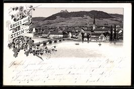 Litho Stein a. Rh., Ortsansicht mit Rhei