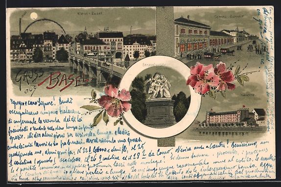 Cartes postales: Litho Basel, Central-Bahnhof, Kaserne, B – D'occasion à Berlin par bartko-reher