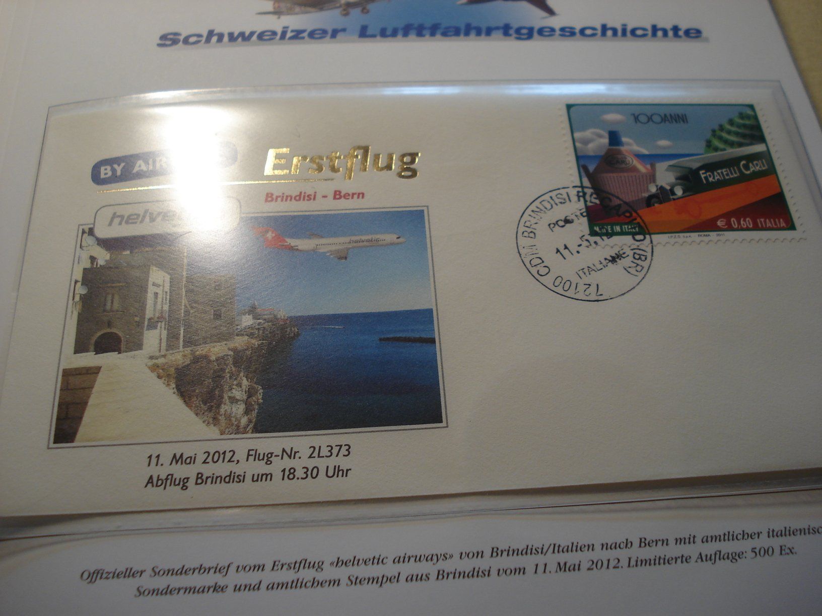 Tutti i francobolli: 2 Briefe Erstflug Helvetic, 2012, Bern - Brindisi - Bern – Usato da Niederwil AG venduto da morostahu 1