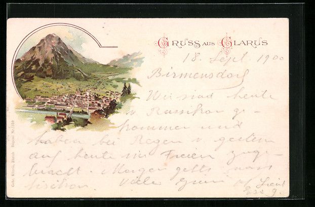 Ansichtskarten: Litho Glarus, Teilansicht mit Bergen – Gebraucht aus Berlin von bartko-reher