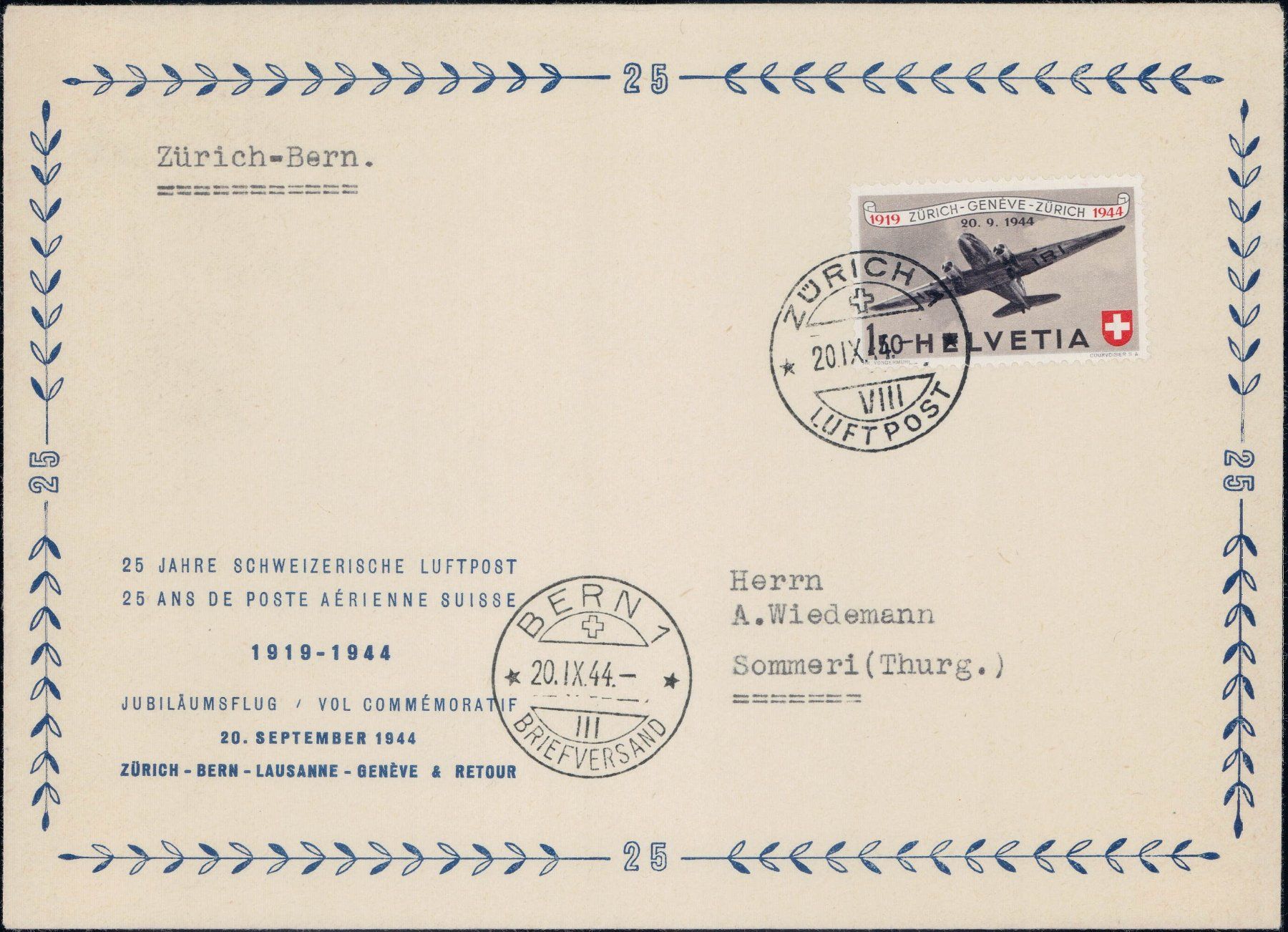 Tutti i francobolli: Flugpost 1944, total 12 Etappen, 480.- – Usato da Horw venduto da pilatusmail 8