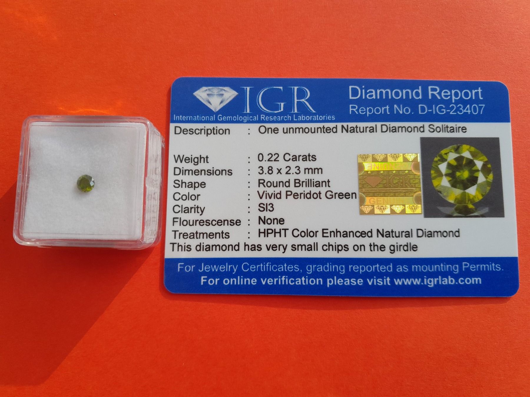 Pietre preziose: 0,22 ct. Round certified diamond, Green SI3 – Usato da Aarau venduto da Reto_BA_01