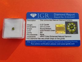 0,22 ct. Round certified diamond, Green SI3