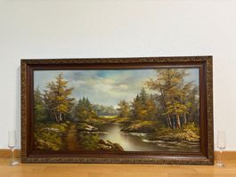 134.5cm breit x74cmhoch, Ölgemälde Flusslandschaft im Herbst