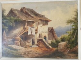 belle aquarelle ferme animée 19è. s. LH