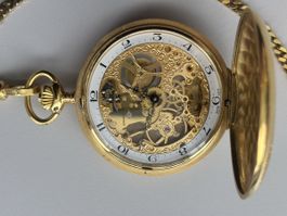 Sandoz Taschenuhr Skelett vergoldet mit Kette gebraucht