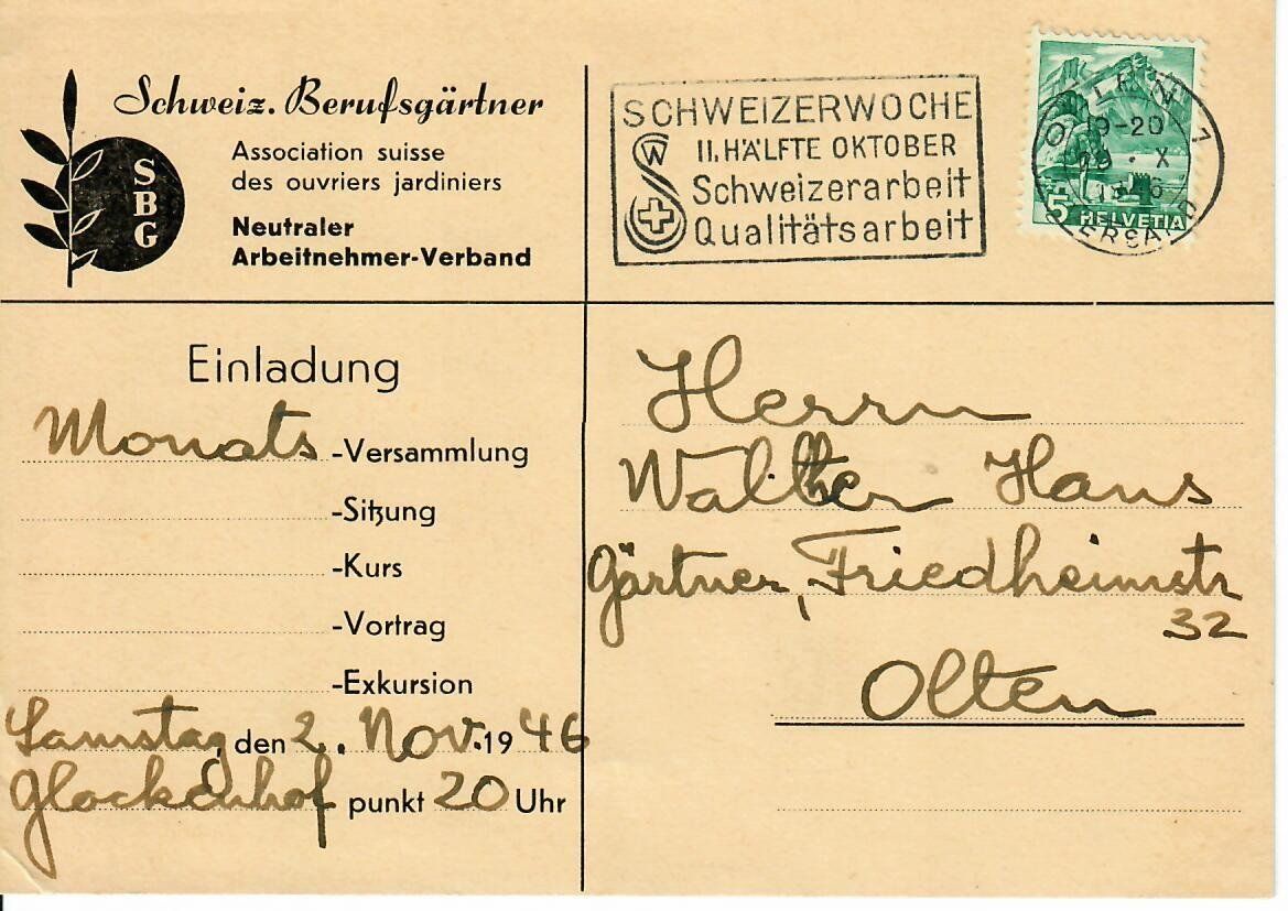 Alle Briefmarken: PK, Schweizer Berufsgärtner  1946 – Gebraucht aus Hochdorf von Ziegel-16