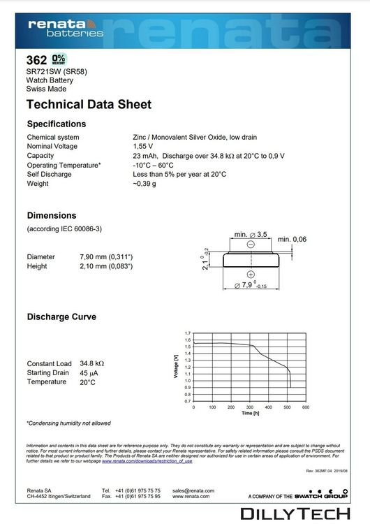 Caricatori & Batterie: Renata 362 Box, SR721SW Knopfzellenbatterie - 1 Stk. – Nuovo e nell'imballaggio originale da Erlenbach ZH venduto da dillytech.ch 3