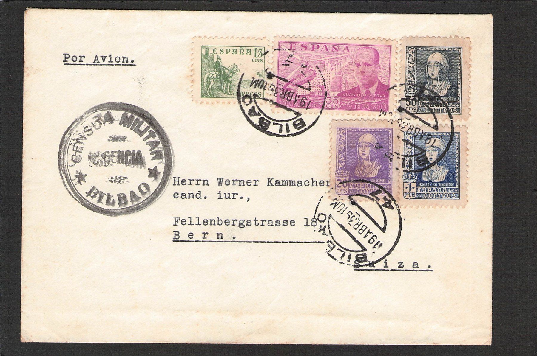 Tutti i francobolli: Zensur:Flugpost Spanien - Bern , 19.4.1935 – Usato da Reichenburg venduto da Pipo-67