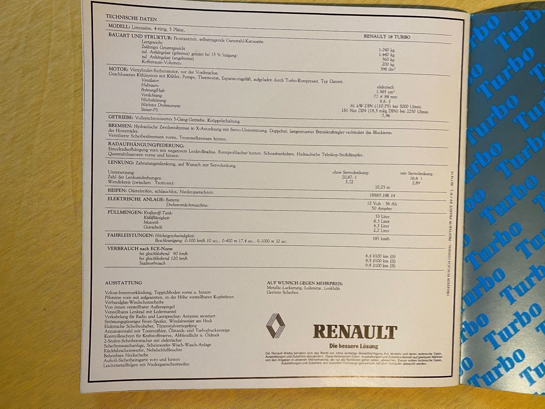 Documenti: Verkaufsprospekt Renault 18 Turbo – Usato da Balm b. Günsberg venduto da frankreich05 5
