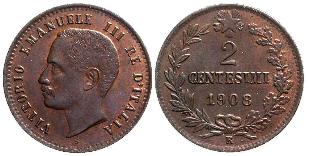 Tutti le monete: Italien, 2 Cents 1908 Roma – Usato da Chiasso venduto da Novamarketing