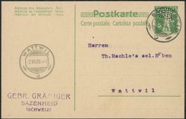 1909 - Postkarte - Perfin - Bazenheid SG - nach Wattwil SG