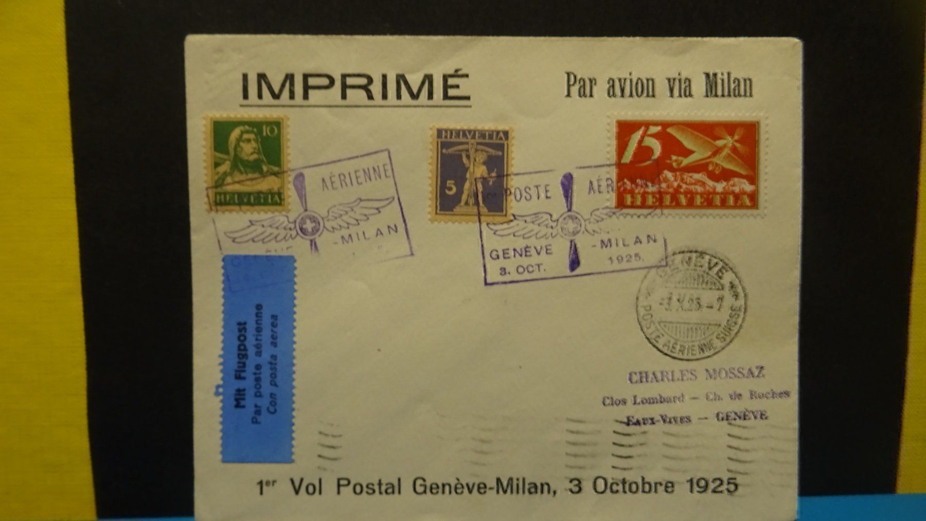 Tutti i francobolli: 3.X.25., Post AERIENNE GENEVE - MILAN – Usato da Eschenbach SG venduto da eDaisy