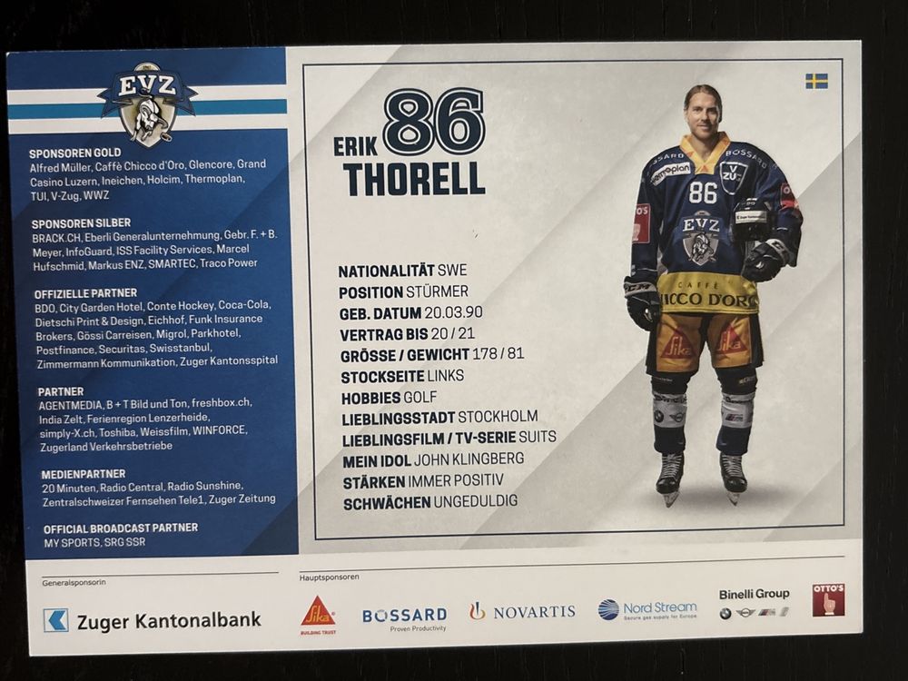 Erik Thorell EVZ Autogrammkarte signiert 2019/2020 (Gebraucht) in ...