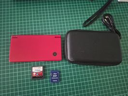 Nintendo DSi red console with case, game and memory card 