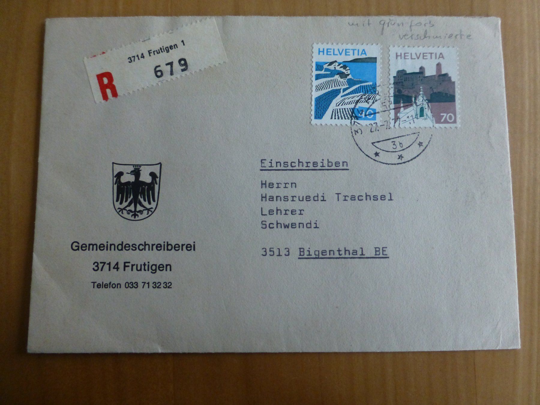 Alle Briefmarken: Landschaftsbilder Nr. 532 mit grüne Farbe verschmiert – Gebraucht aus Bettlach von 1saurer
