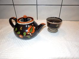 Teekanne + kleine Schale, handbemalt, H.Hertig / Kohler Biel