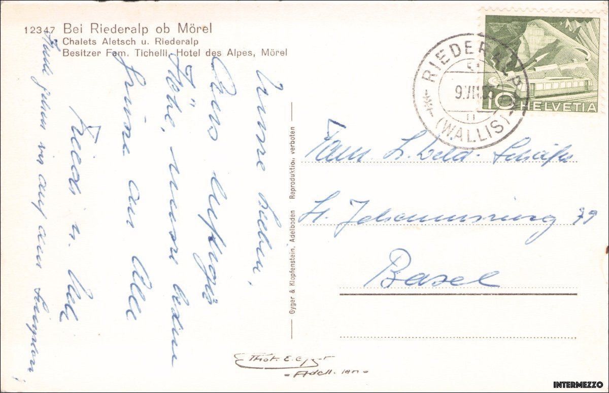 Cartoline postali: Riederalp VS // Chalets Aletsch 1955 – Usato da Basel venduto da intermezzo12 1