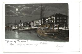 Gruss aus Rorschach (SG) Hafen Dampfschiff  Mondschein-Litho