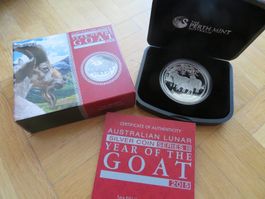 1 Unze Silber Lunar II Münze Ziege 2015 / PP mit Box + CoA