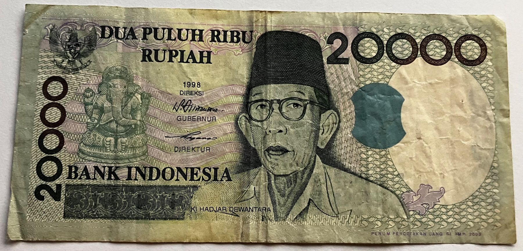 Banknoten: Indonesien 20‘000 Rupiah 1998 – Gebraucht aus Algetshausen von Carrhard