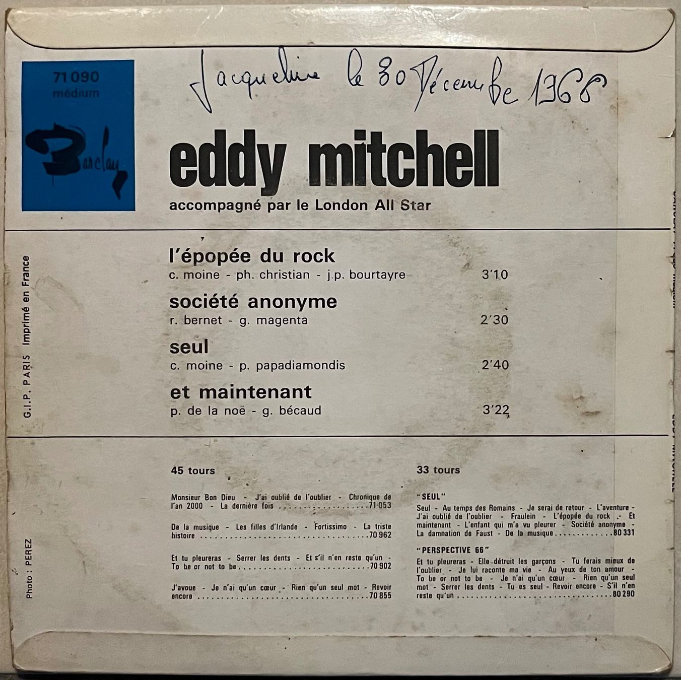 Dischi in vinile: EDDY MITCHELL - SEUL – Usato da Bussigny venduto da vinyl-pas-cher 1