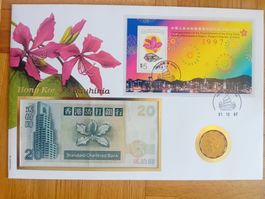 Banknotenbrief mit Münze Hong Kong