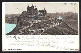 Litho Rigi-Kulm, Hotel mit Gebirgspanora