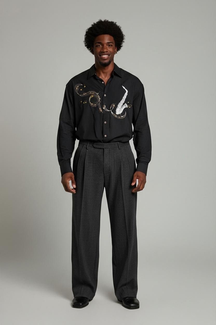 Hemden: Kozom Schwarzes Button-Down-Hemd mit Saxophon-Design – – Gebraucht aus Zug von vinokilo