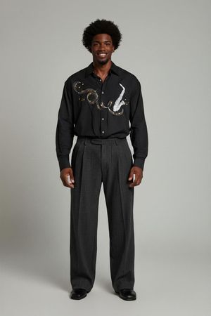 Kozom Schwarzes Button-Down-Hemd mit Saxophon-Design –