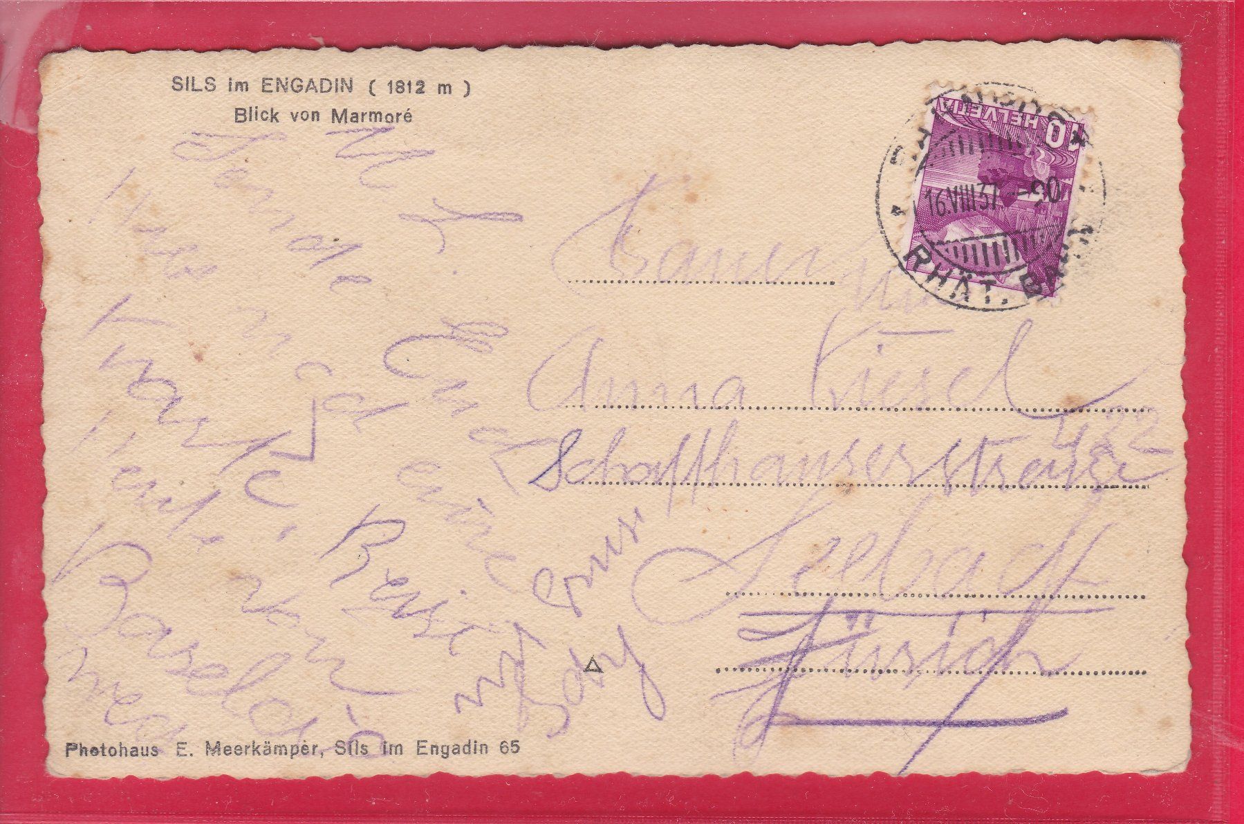 Cartoline postali: SILS IM ENGADIN, BLICK VON MARMORÉ, 16.8.1937 – Usato da Oberrieden venduto da Gebirgsstelze 1
