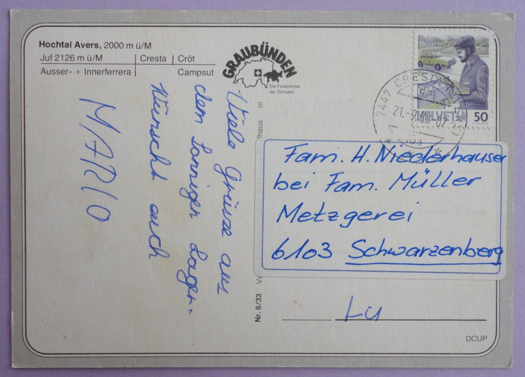 Cartoline postali: Hochtal Avers, 2000 m ü/M – Usato da Fétigny venduto da Billy2miny 1