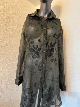 Dunkelgrüne Hemdbluse durchsichtig Floral-Print Casual Gr M