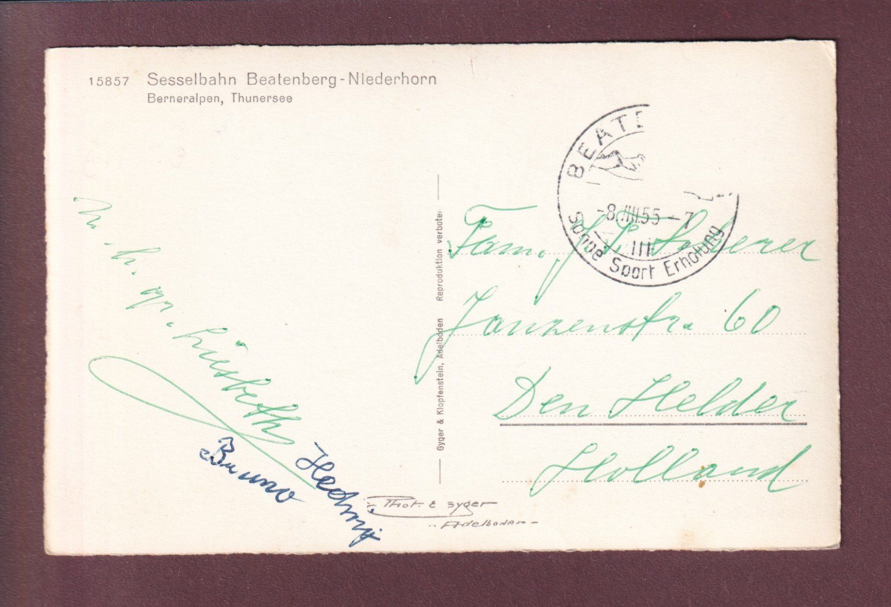 Cartoline postali: Sesselbahn BEATENBERG-NIEDERHORN - 1955 – Usato da Pully venduto da nicecards 1