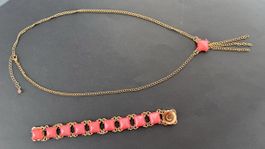Kette und Armband Set goldfarben mit Korallefarbenen Steinen