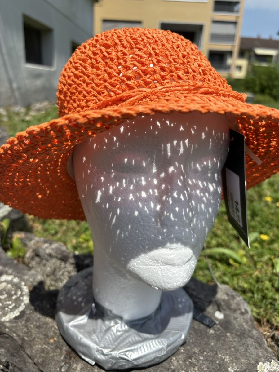 Copricapi, berretti & cappellini: Sommerhut orange mit Etikett neu – Nuovo e nell'imballaggio originale da Zürich venduto da venusandmars 1