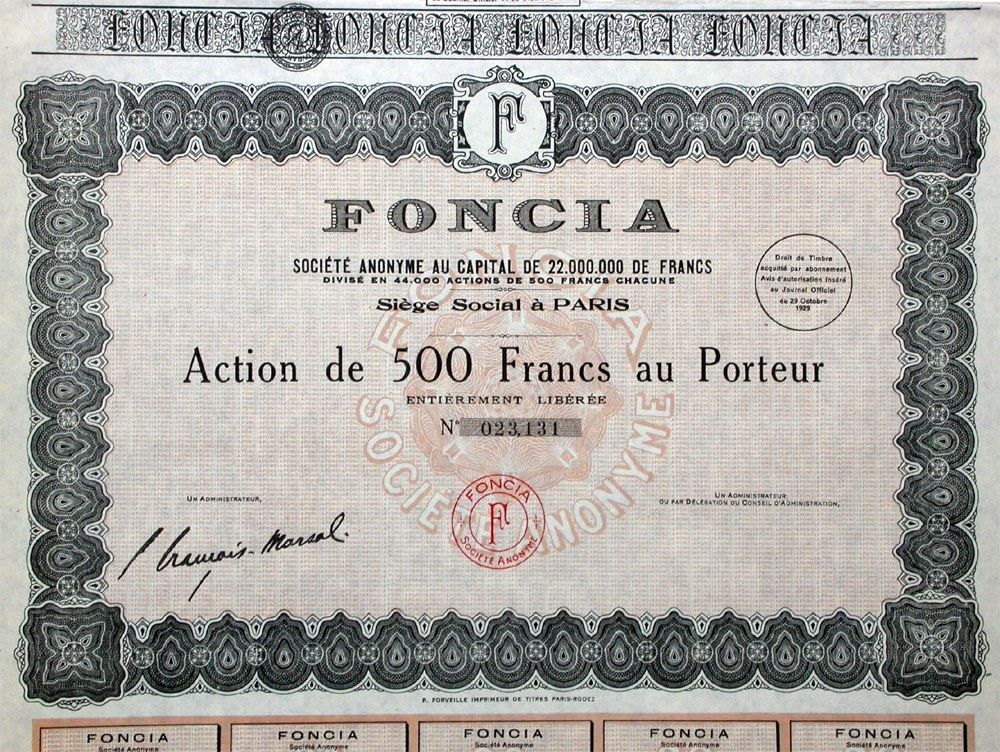 Documenti: Foncia SA, Paris - 1929 – Usato da Solothurn venduto da Sgasche